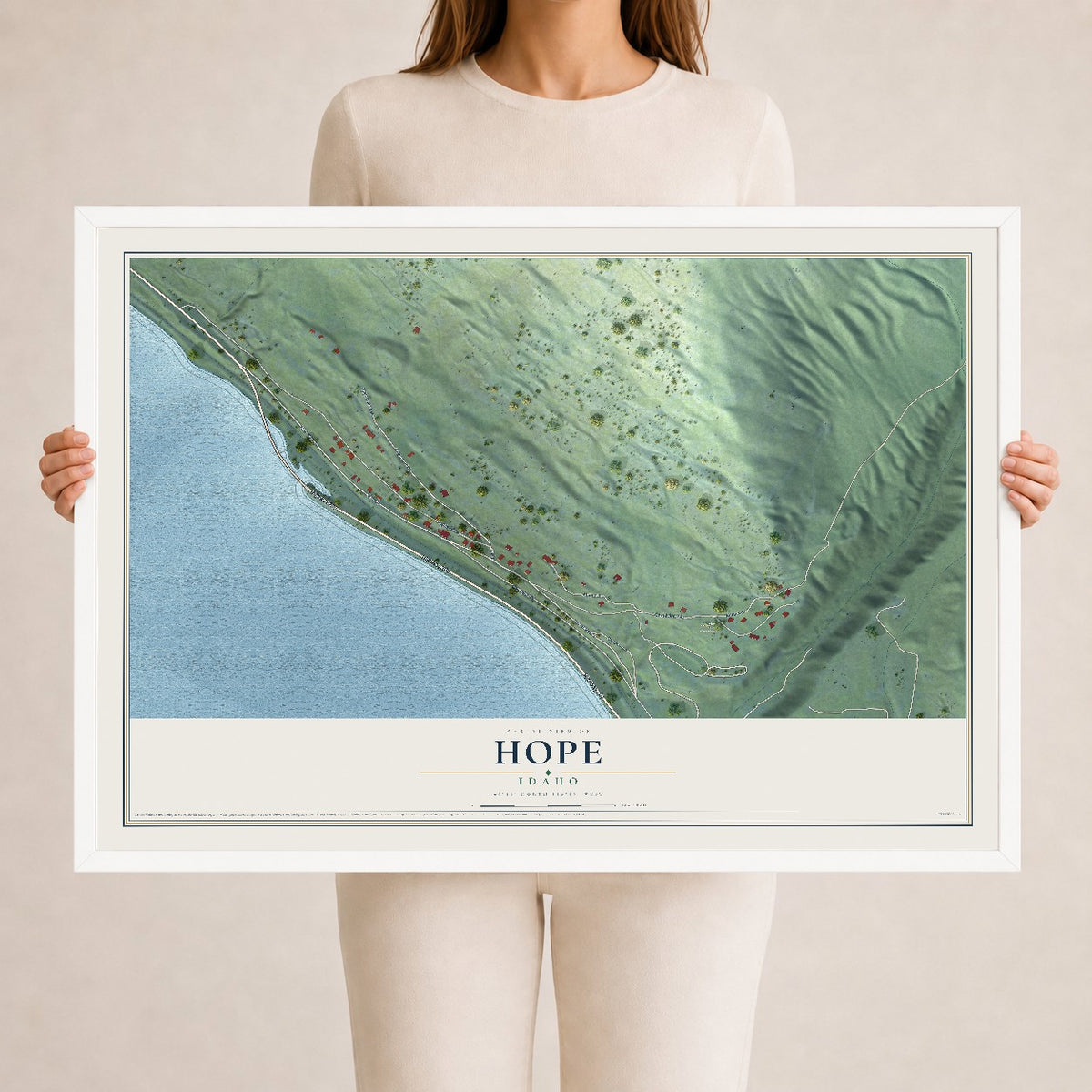 Map of Hope, Idaho, 24 x 36 inch print in a white wood frame