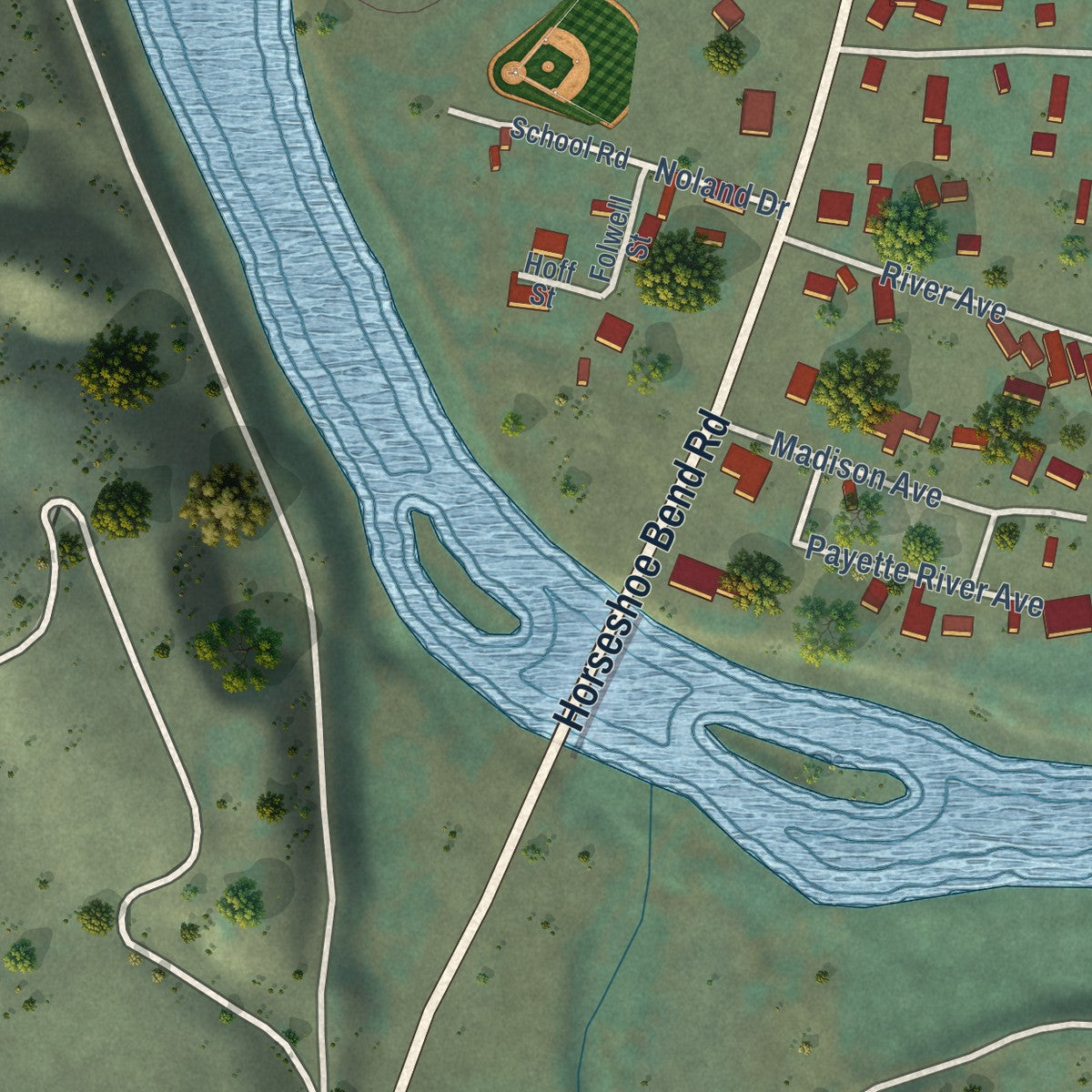 Close-up of the map of Horseshoe Bend, Idaho print showing street and building detail