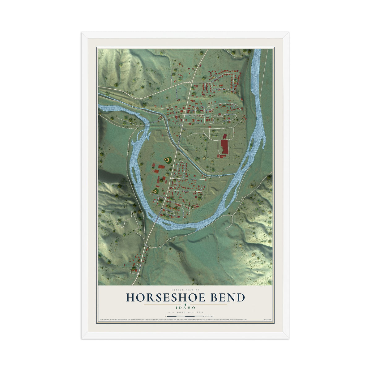 Map of Horseshoe Bend, Idaho, 12 x 18 inch print in a white wood frame