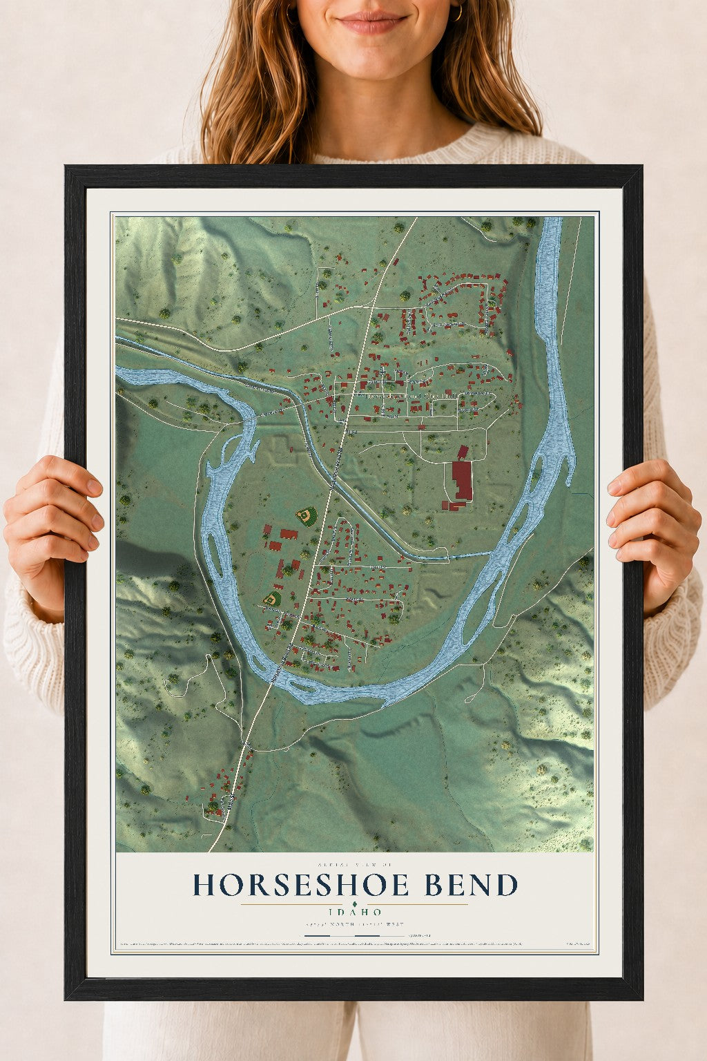 Map of Horseshoe Bend, Idaho, 18 x 24 inch print in a black wood frame