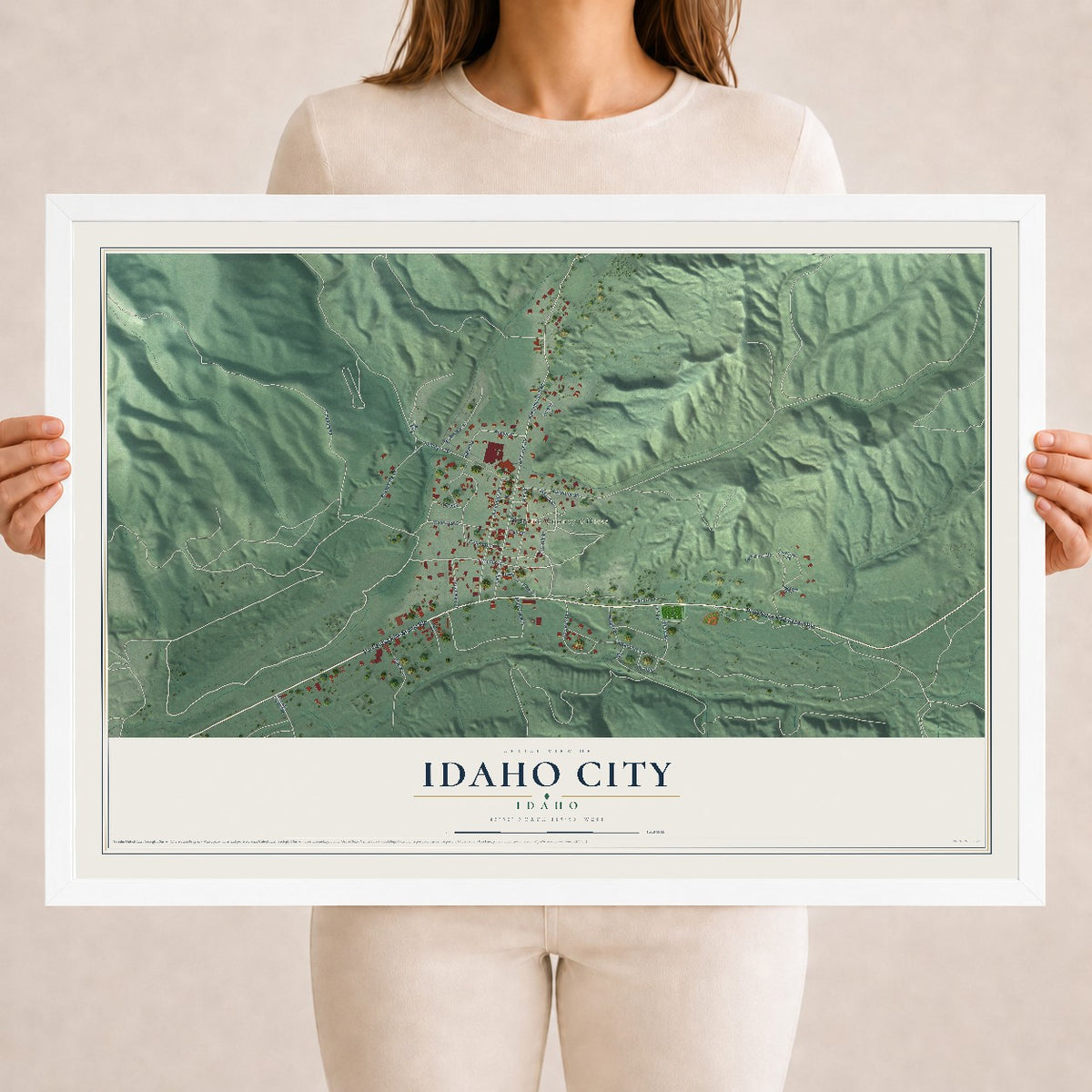 Map of Idaho City, Idaho, 18 x 24 inch print in a white wood frame