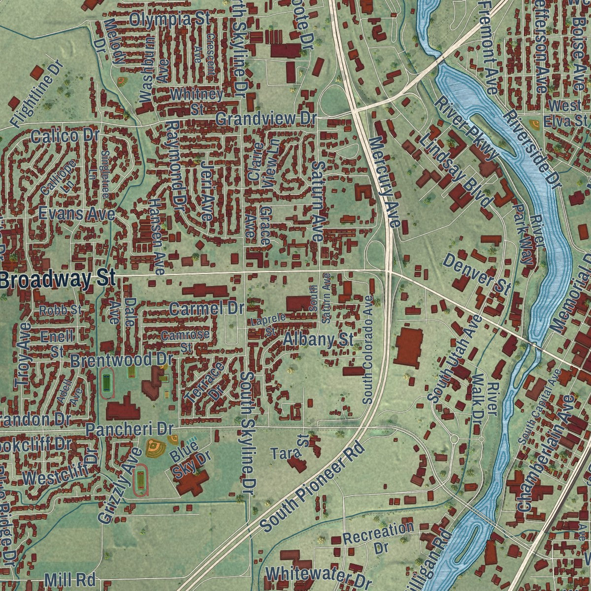 Second close-up of the map of Idaho Falls, Idaho print showing more streets and buildings
