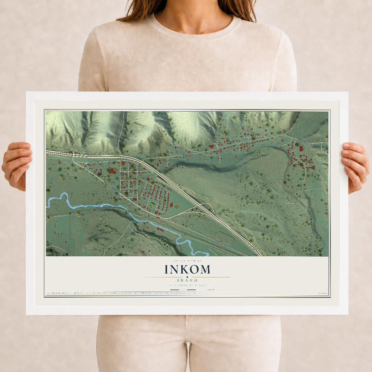 Map of Inkom, Idaho, 12 x 18 inch print in a white wood frame