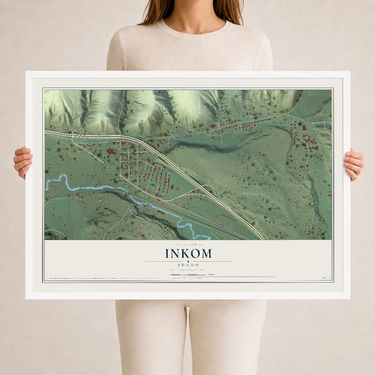 Map of Inkom, Idaho, 24 x 36 inch print in a white wood frame