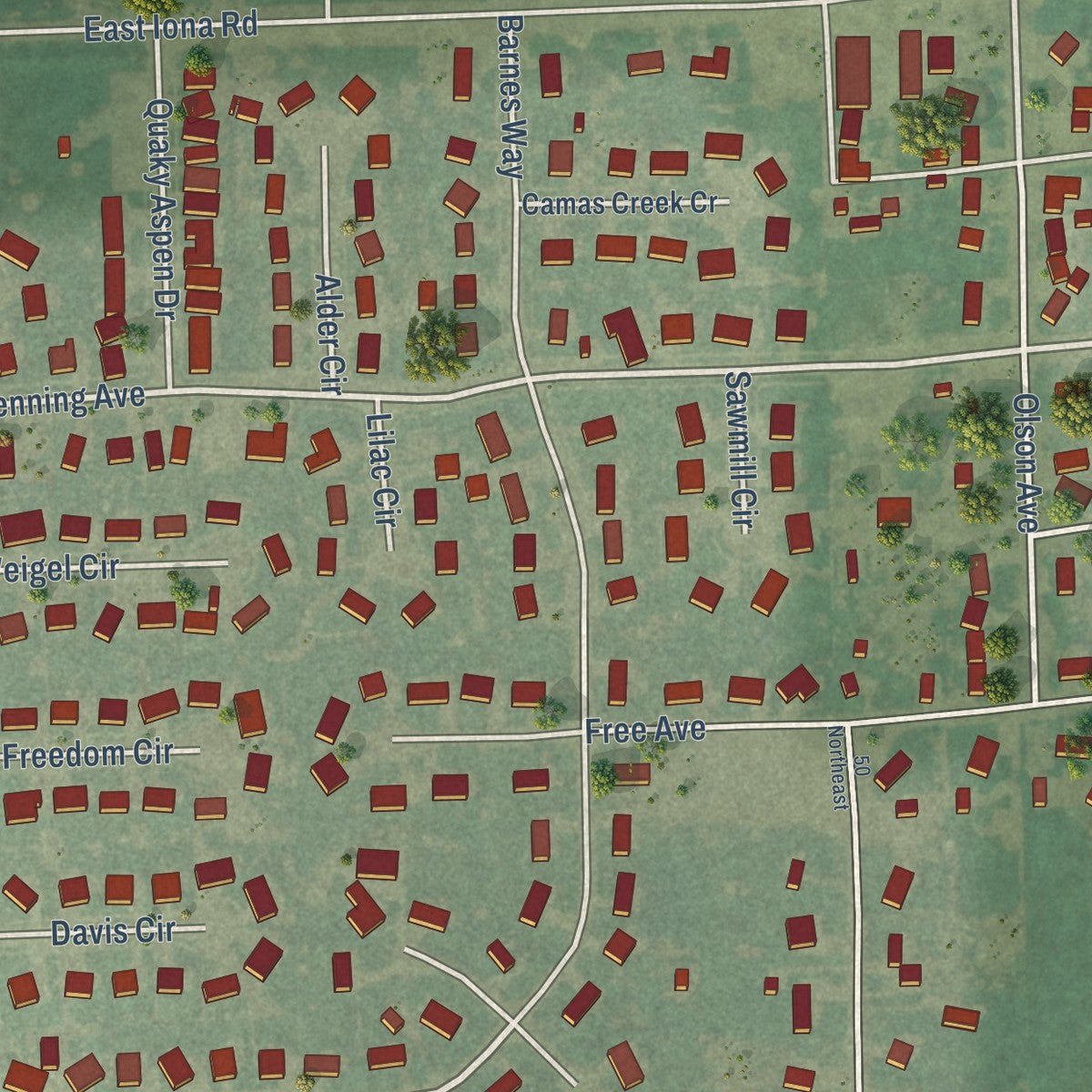 Close-up of the map of Iona, Idaho print showing street and building detail