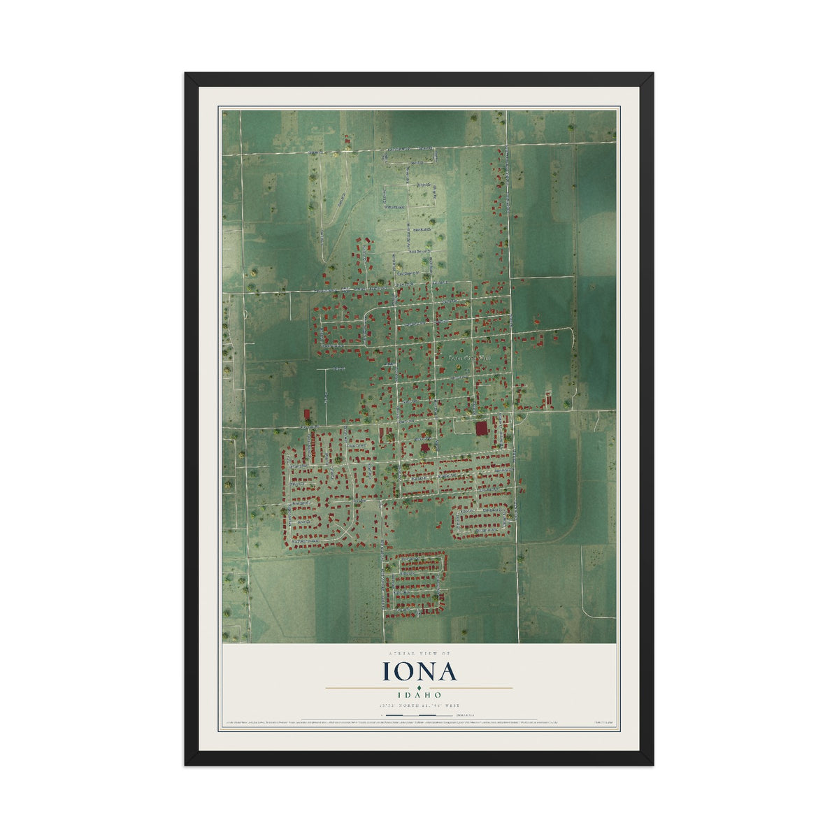 Map of Iona, Idaho, 12 x 18 inch print in a black wood frame