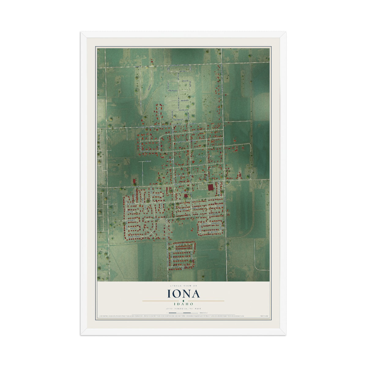Map of Iona, Idaho, 12 x 18 inch print in a white wood frame