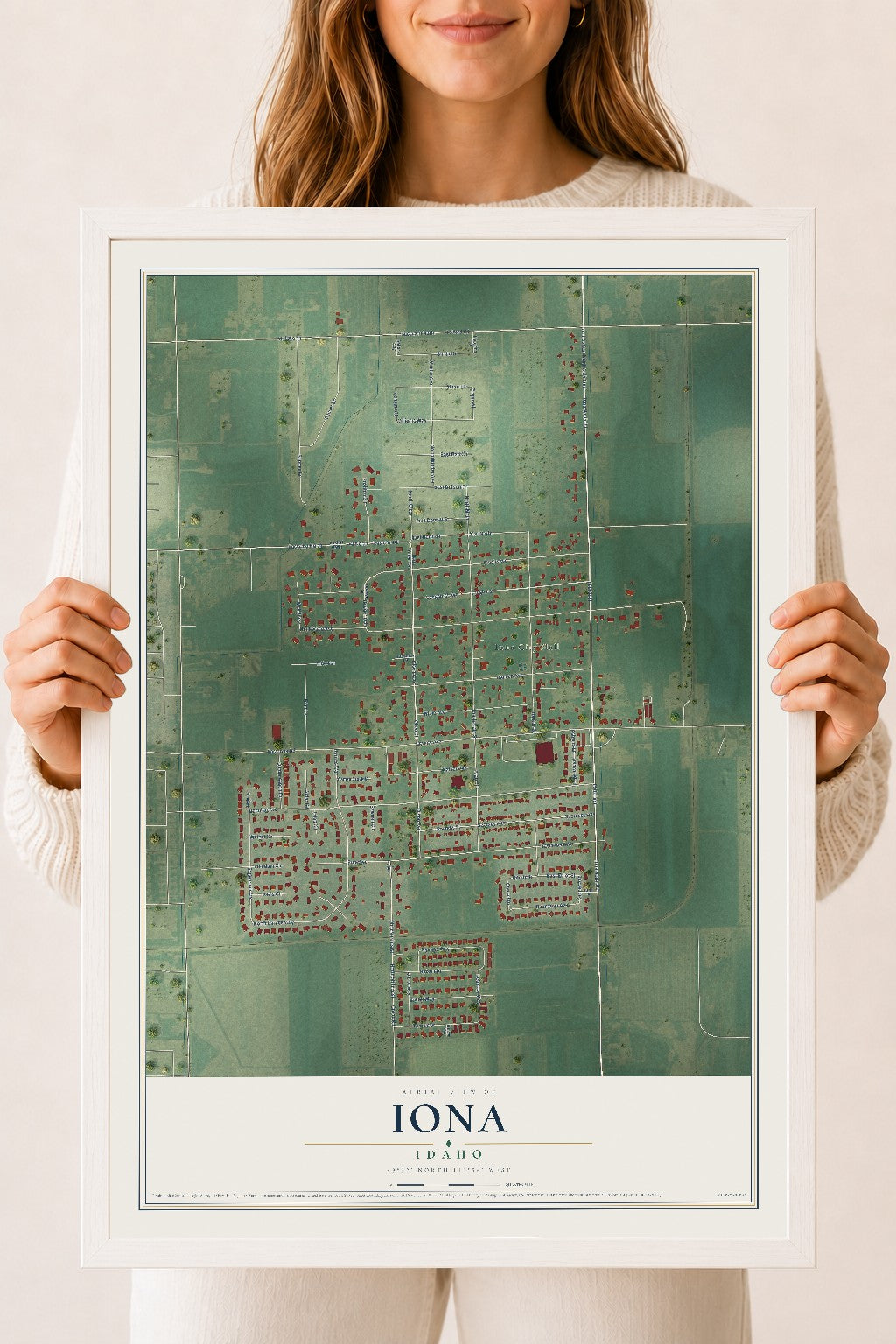 Map of Iona, Idaho, 18 x 24 inch print in a white wood frame