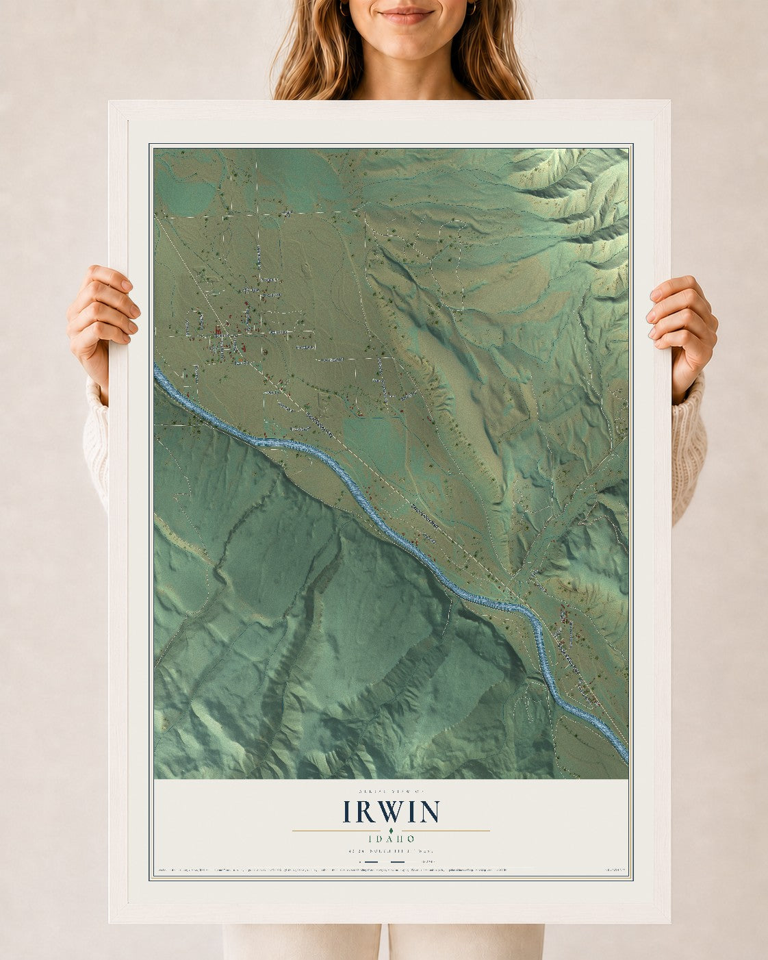 Map of Irwin, Idaho, 24 x 36 inch print in a white wood frame