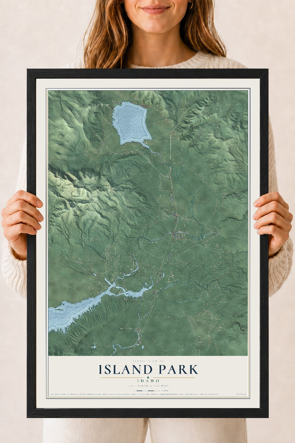 Map of Island Park, Idaho, 18 x 24 inch print in a black wood frame
