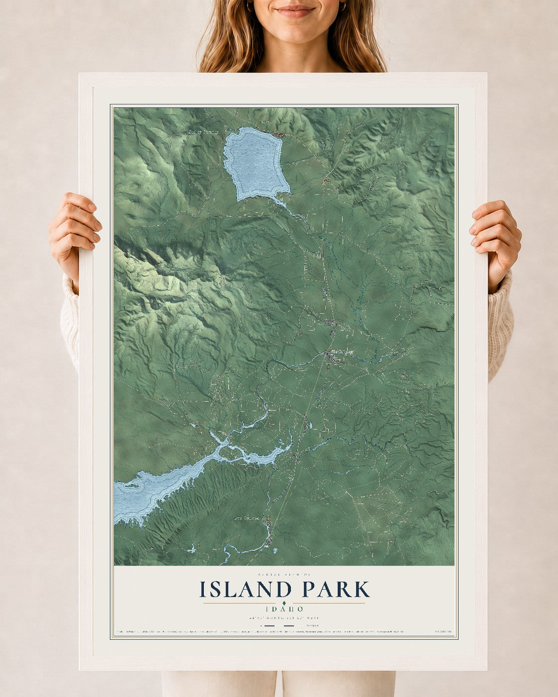 Map of Island Park, Idaho, 24 x 36 inch print in a white wood frame
