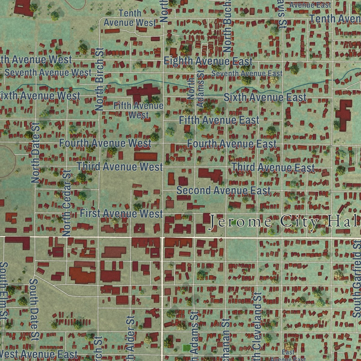 Close-up of the map of Jerome, Idaho print showing street and building detail