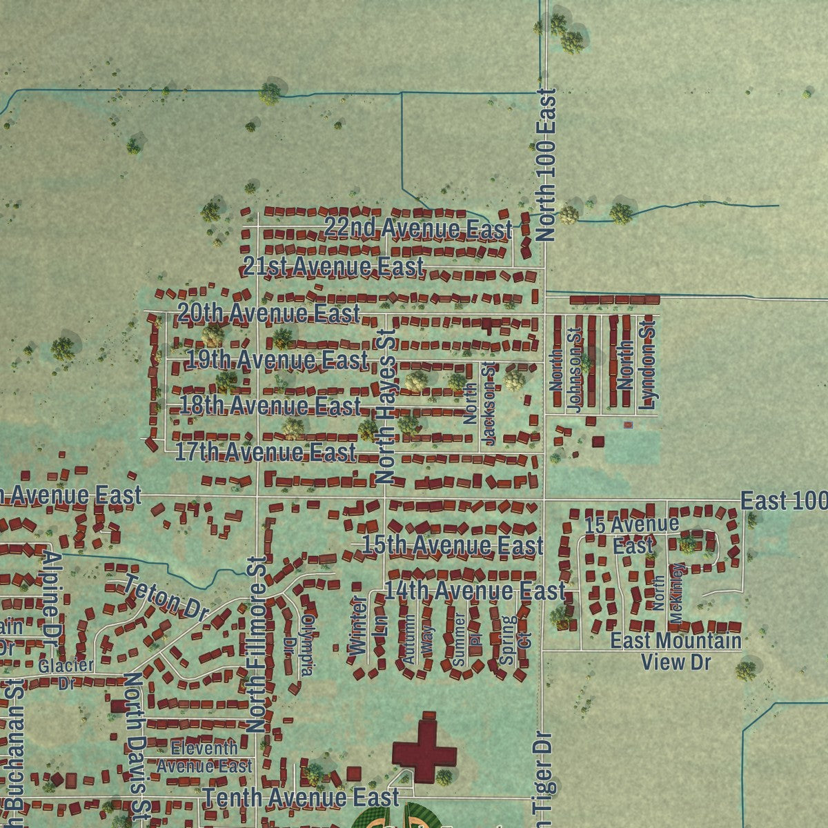 Second close-up of the map of Jerome, Idaho print showing more streets and buildings