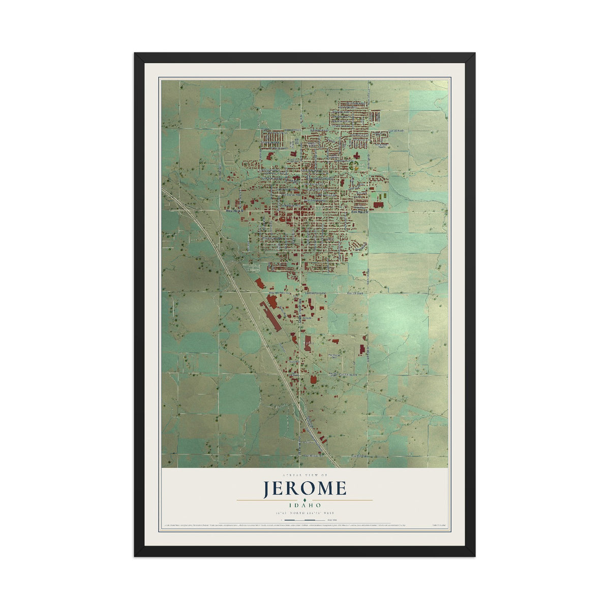 Map of Jerome, Idaho, 12 x 18 inch print in a black wood frame