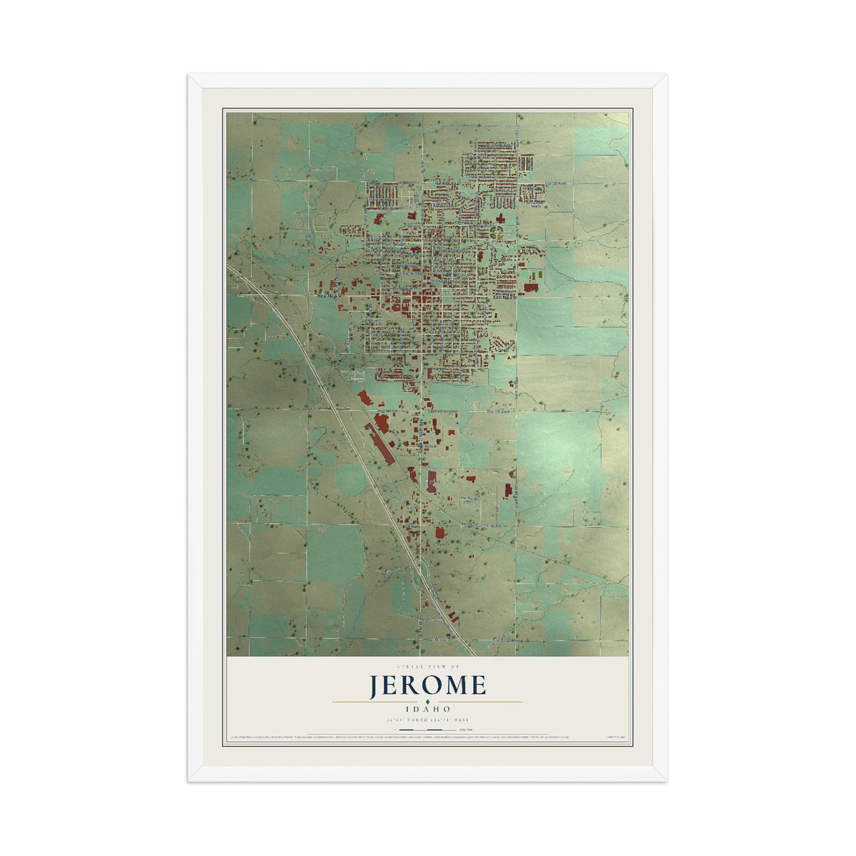 Map of Jerome, Idaho, 12 x 18 inch print in a white wood frame