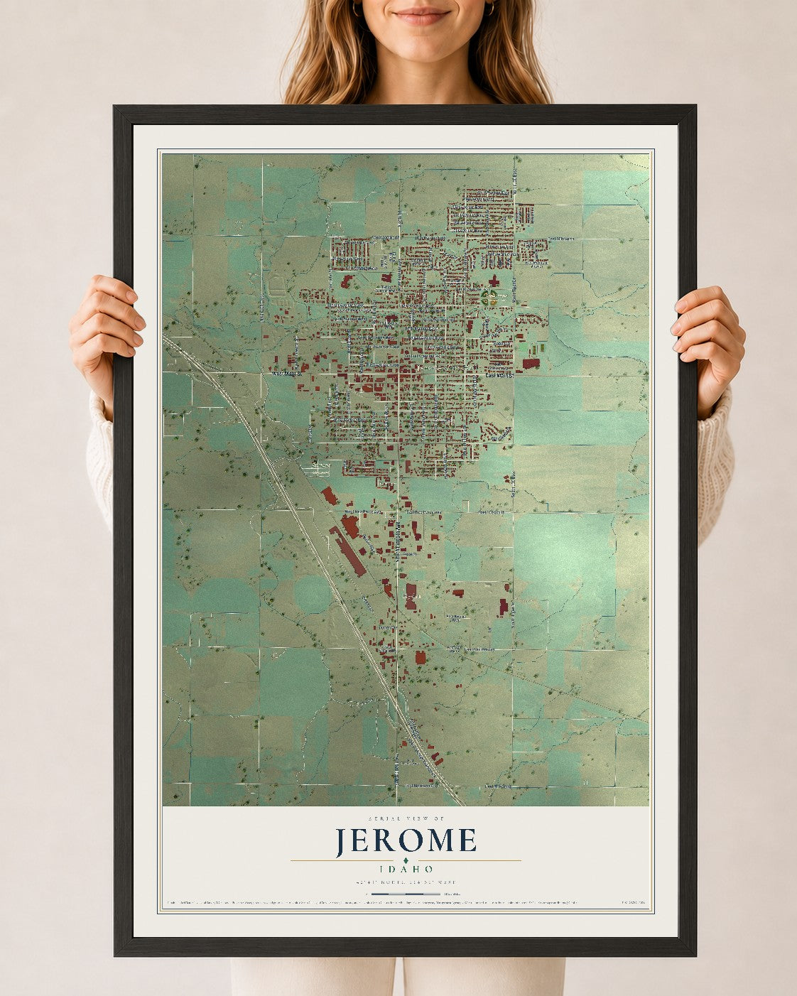 Map of Jerome, Idaho, 24 x 36 inch print in a black wood frame