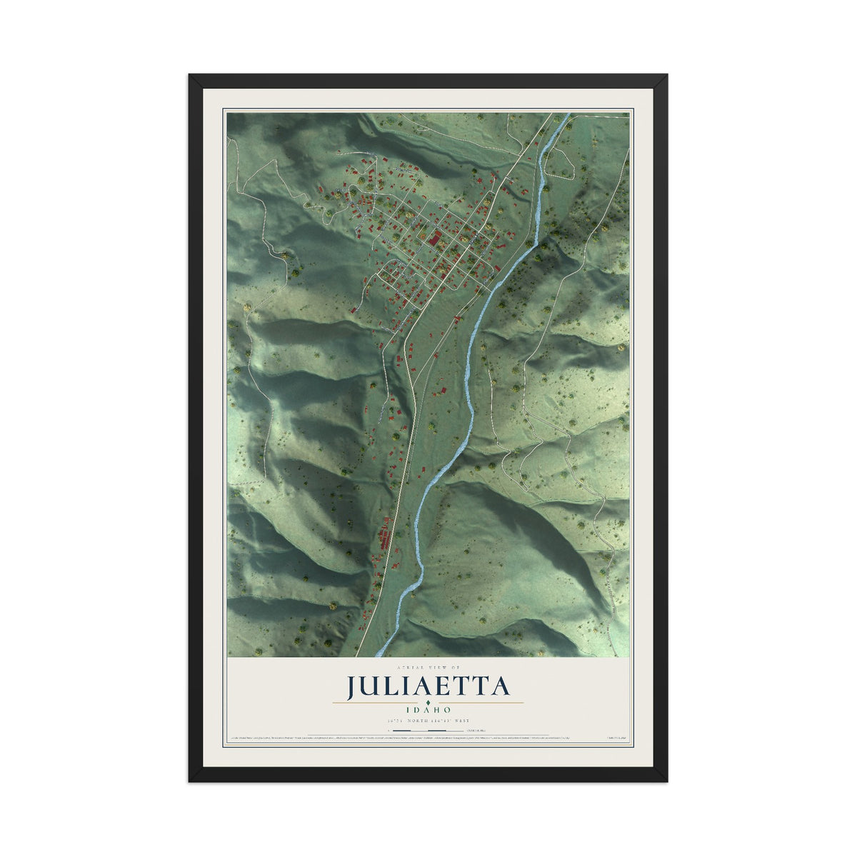 Map of Juliaetta, Idaho, 12 x 18 inch print in a black wood frame