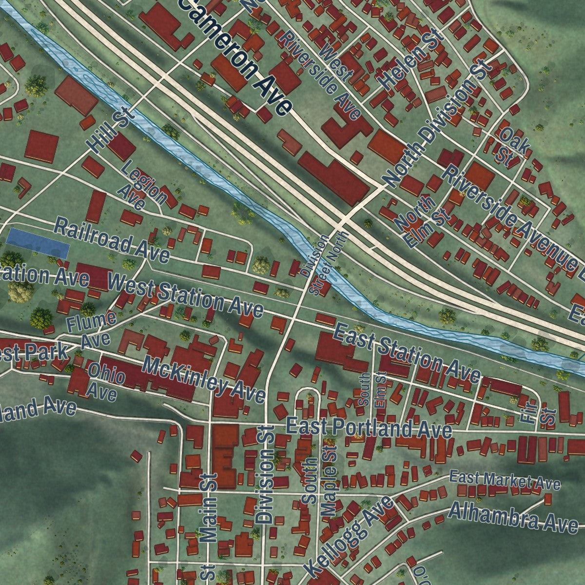 Close-up of the map of Kellogg, Idaho print showing street and building detail