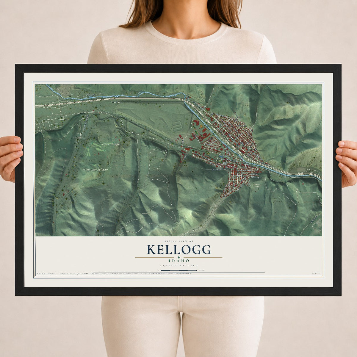 Map of Kellogg, Idaho, 18 x 24 inch print in a black wood frame