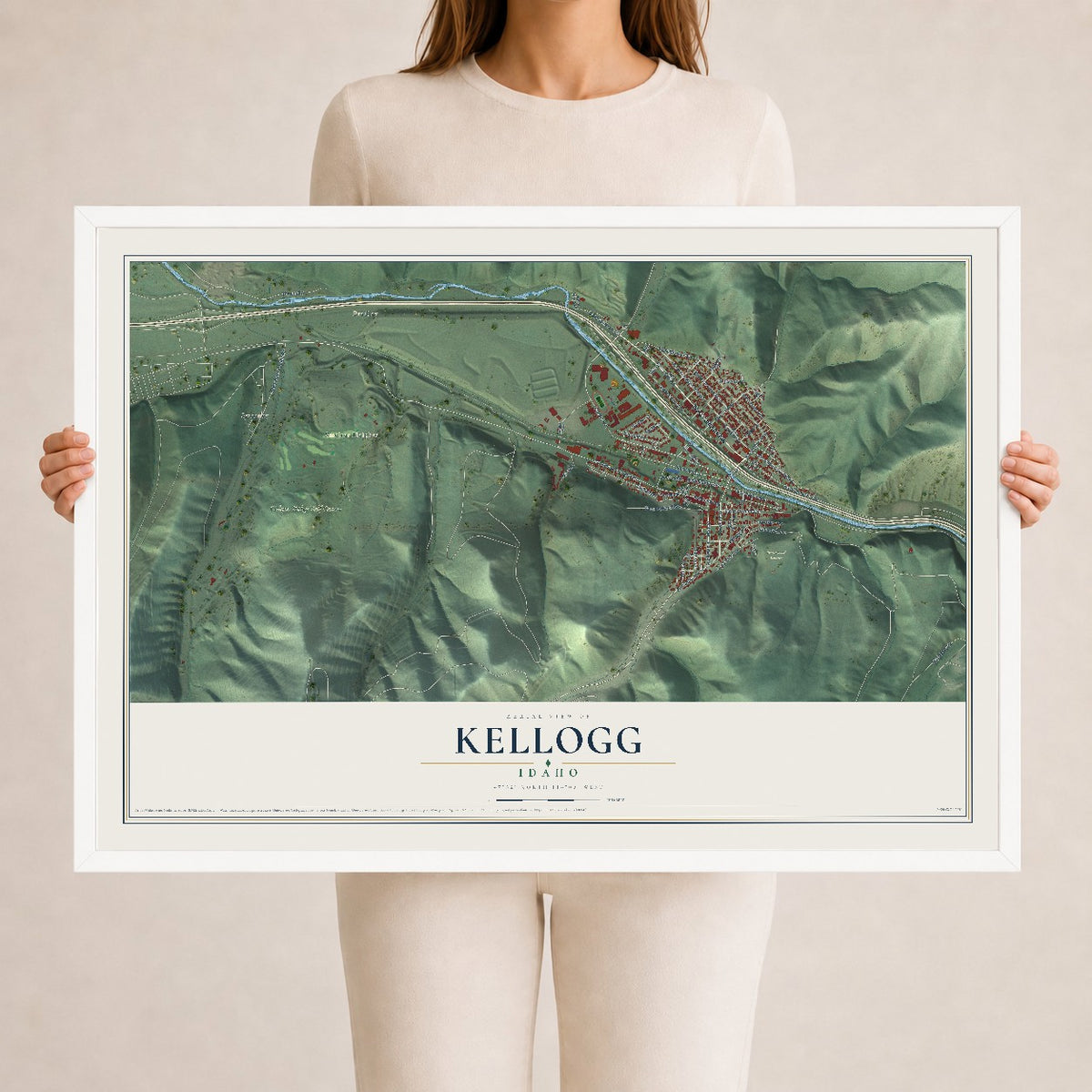 Map of Kellogg, Idaho, 24 x 36 inch print in a white wood frame