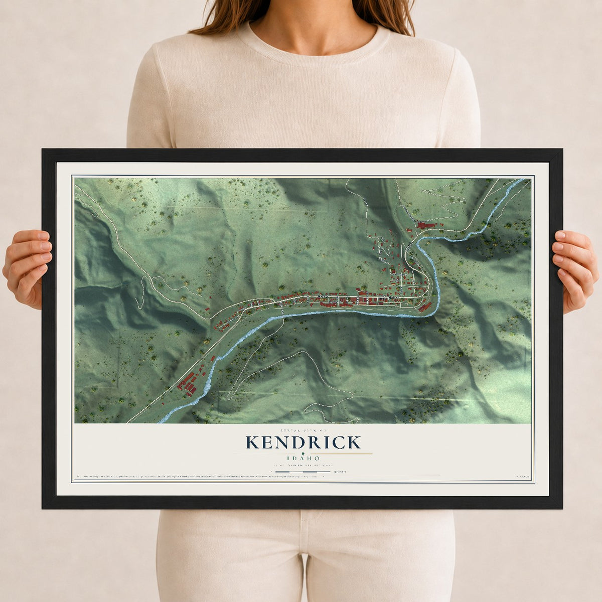 Map of Kendrick, Idaho, 12 x 18 inch print in a black wood frame