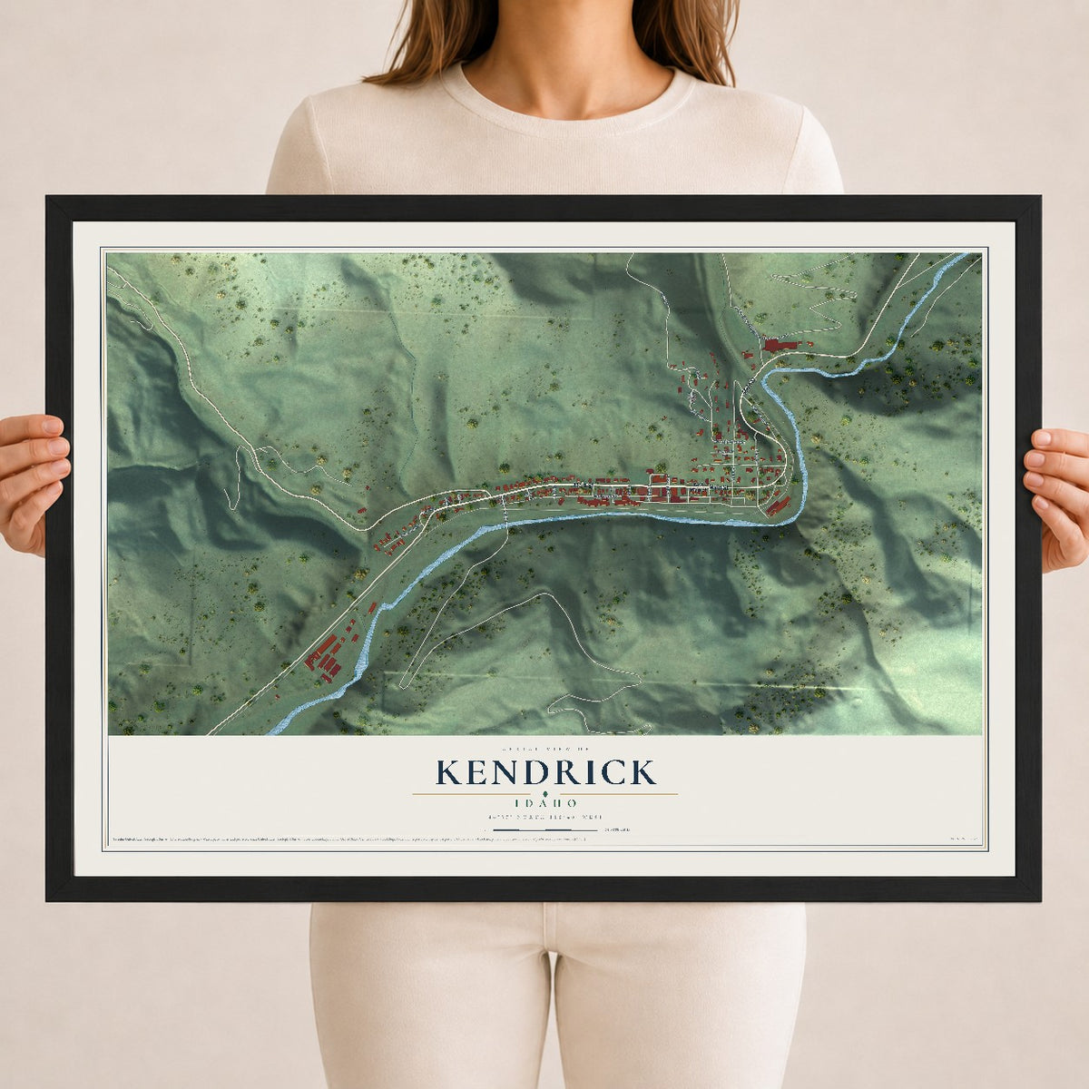 Map of Kendrick, Idaho, 18 x 24 inch print in a black wood frame