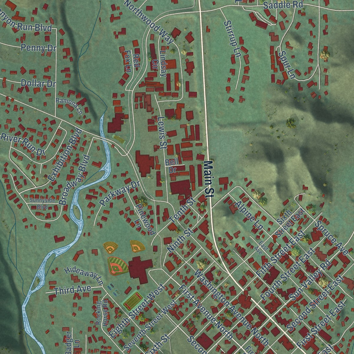 Close-up of the map of Ketchum, Idaho print showing street and building detail
