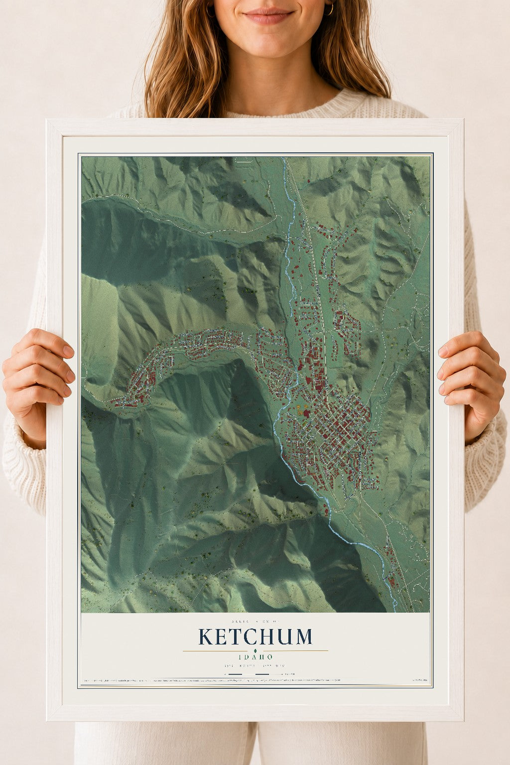 Map of Ketchum, Idaho, 18 x 24 inch print in a white wood frame