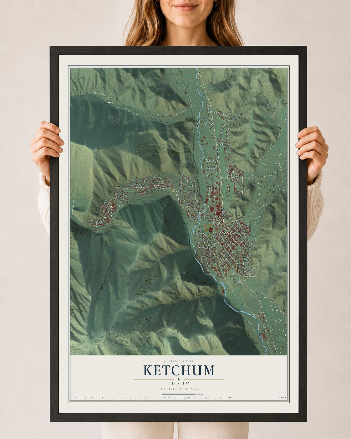Map of Ketchum, Idaho, 24 x 36 inch print in a black wood frame