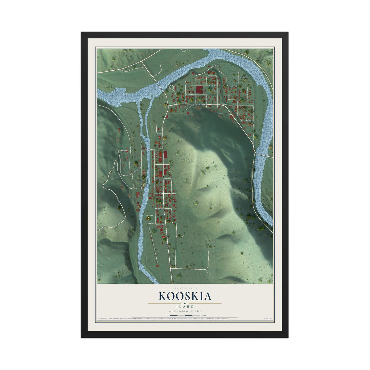Map of Kooskia, Idaho, 12 x 18 inch print in a black wood frame