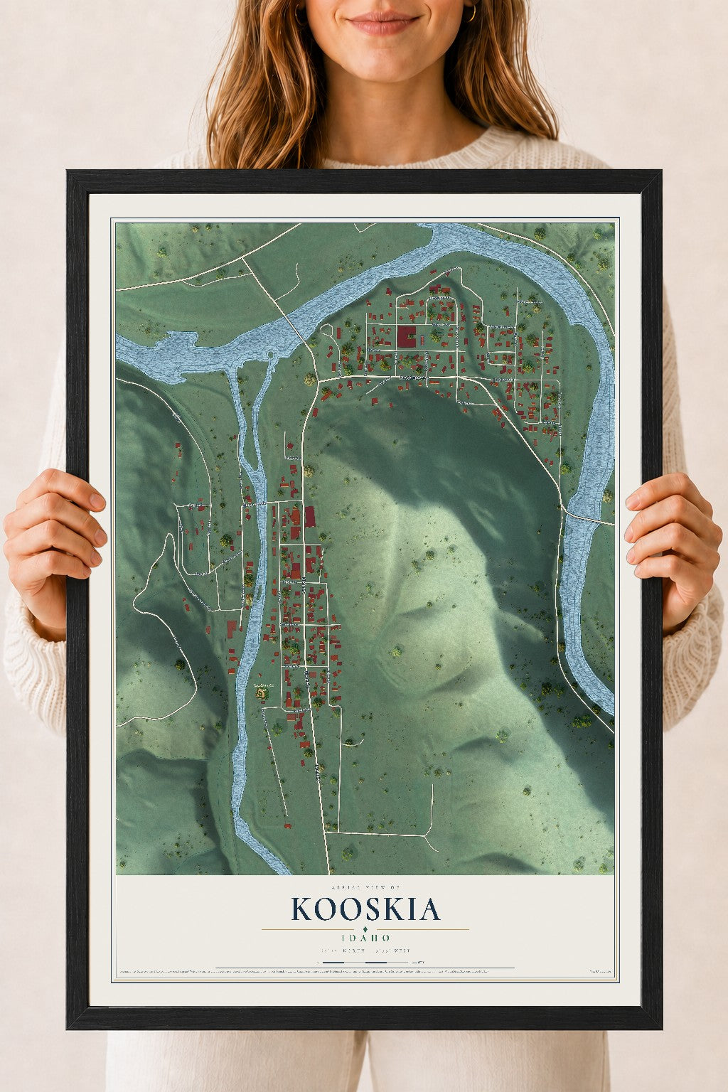 Map of Kooskia, Idaho, 18 x 24 inch print in a black wood frame