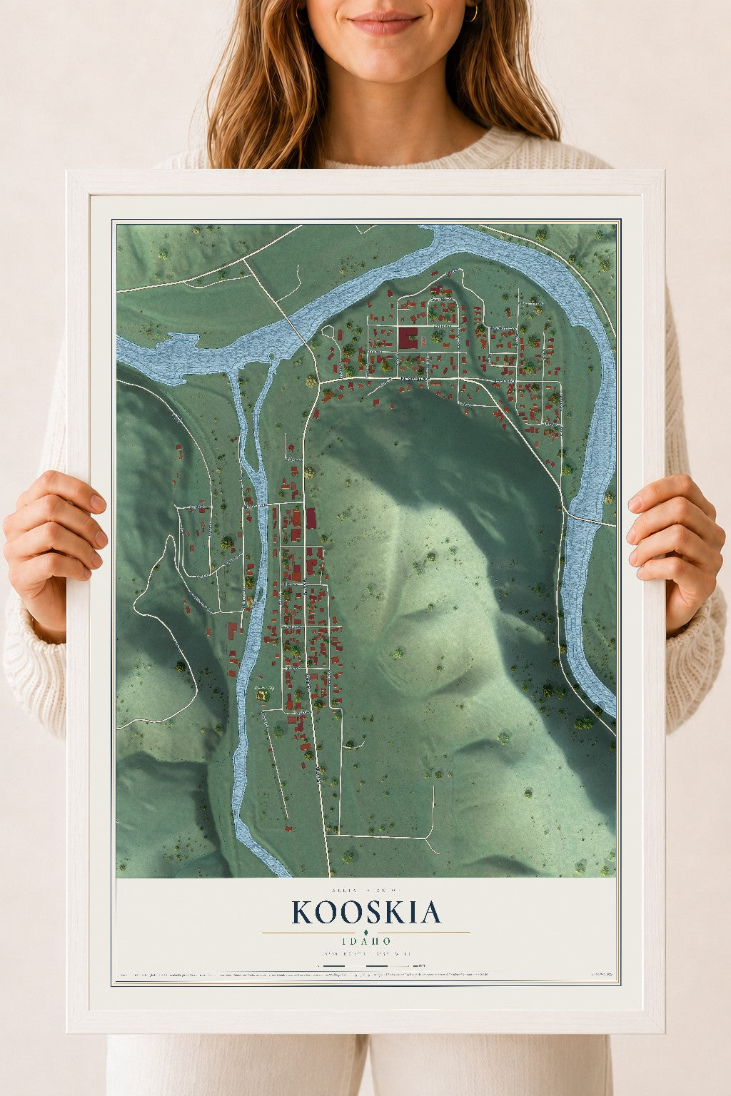 Map of Kooskia, Idaho, 18 x 24 inch print in a white wood frame