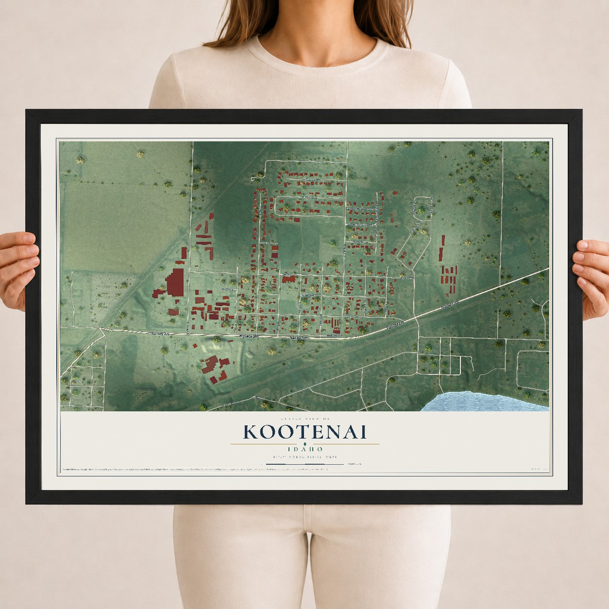 Map of Kootenai, Idaho, 18 x 24 inch print in a black wood frame