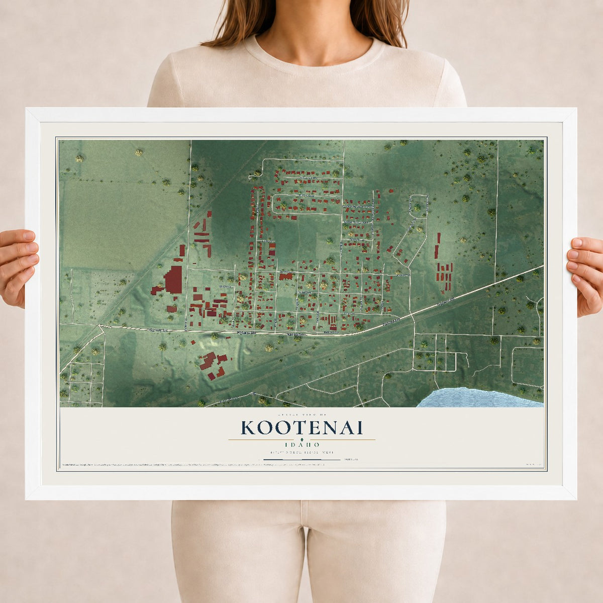 Map of Kootenai, Idaho, 18 x 24 inch print in a white wood frame