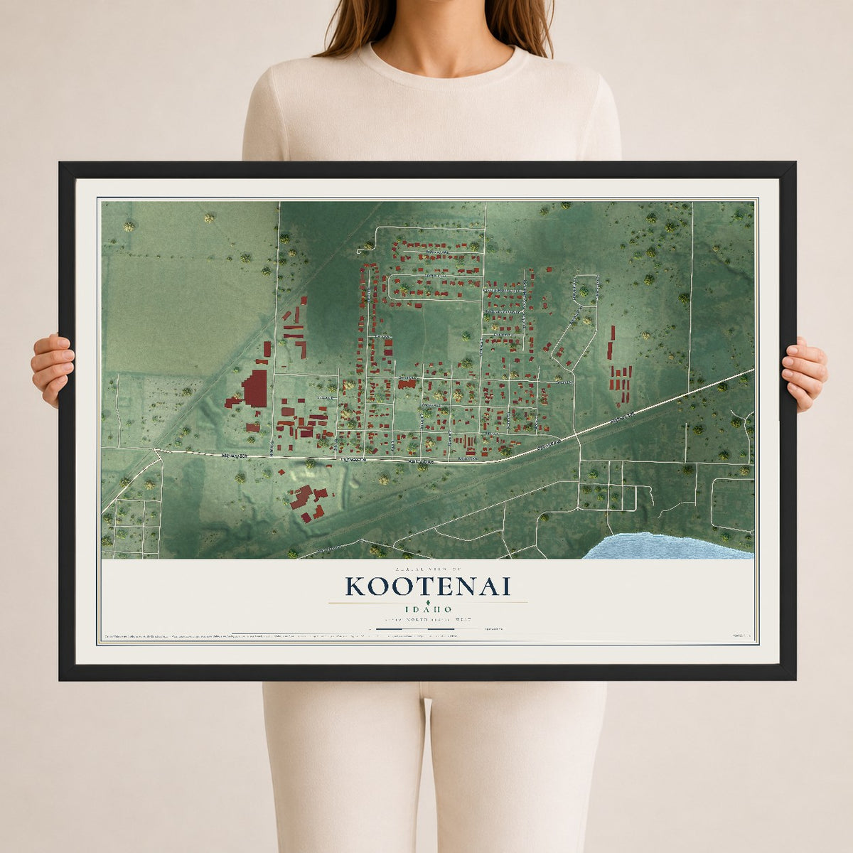 Map of Kootenai, Idaho, 24 x 36 inch print in a black wood frame