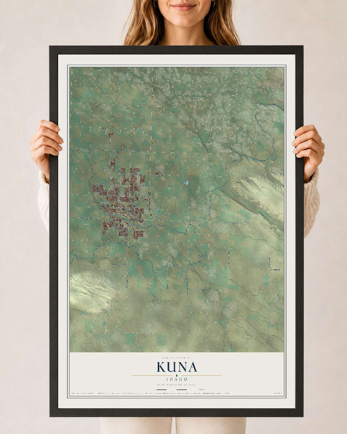 Map of Kuna, Idaho, 24 x 36 inch print in a black wood frame