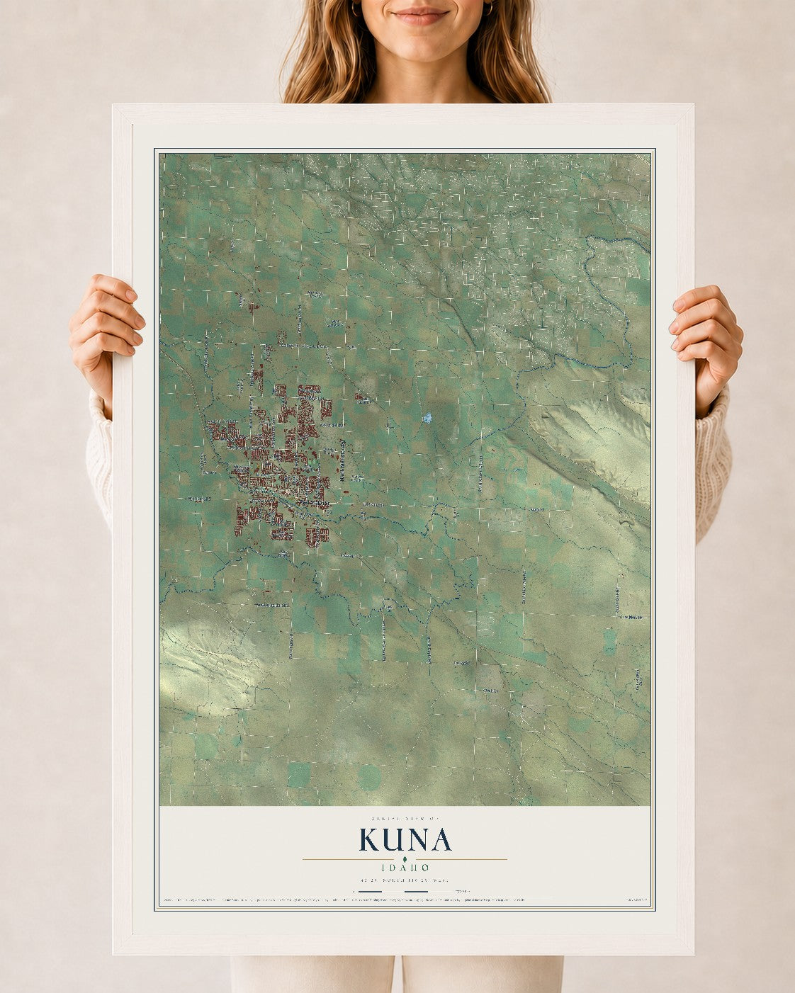 Map of Kuna, Idaho, 24 x 36 inch print in a white wood frame