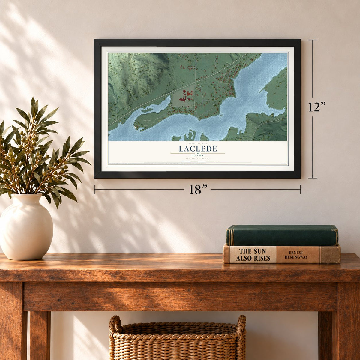 Laclede, Idaho map, 12 x 18 inch print in a black frame in an entryway