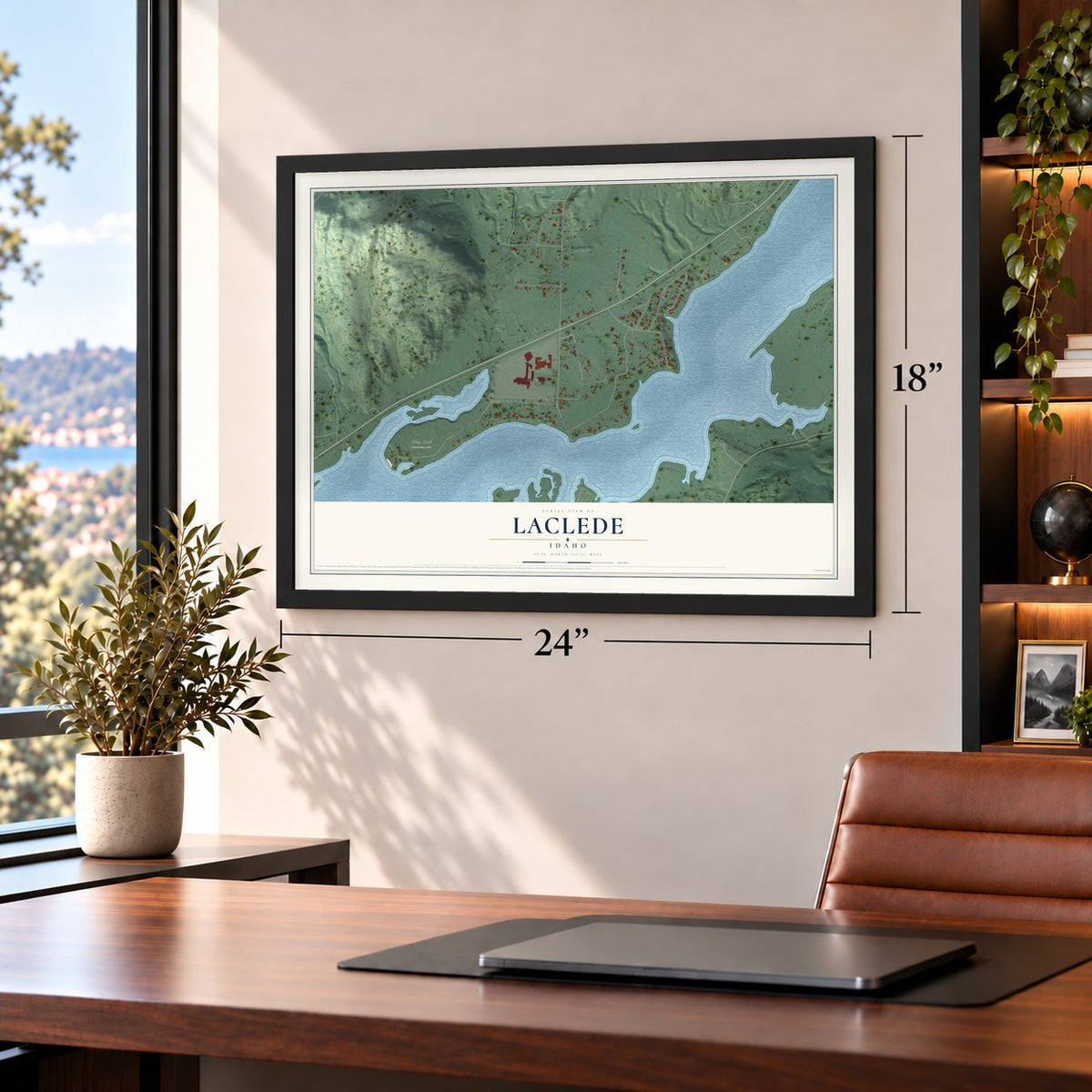 Laclede, Idaho map, 18 x 24 inch print in a black frame in a home office