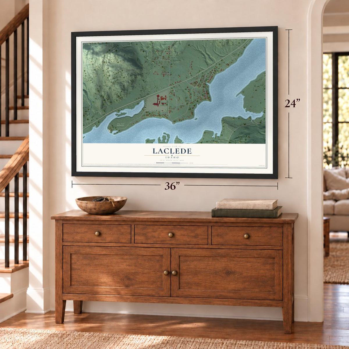 Laclede, Idaho map, 24 x 36 inch print in a black frame above a dresser by a staircase