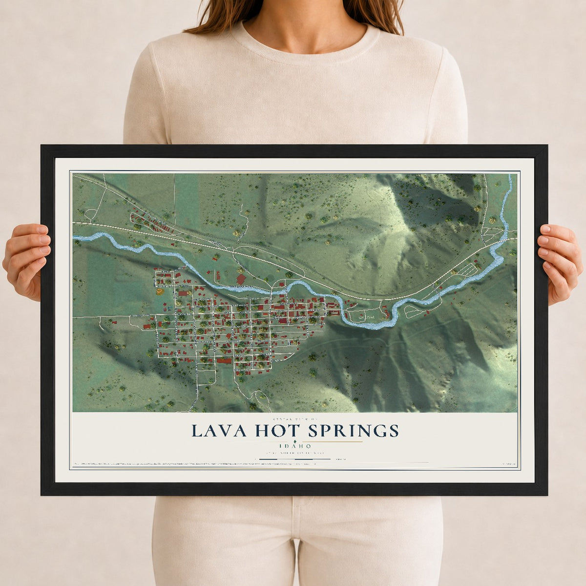 Map of Lava Hot Springs, Idaho, 12 x 18 inch print in a black wood frame