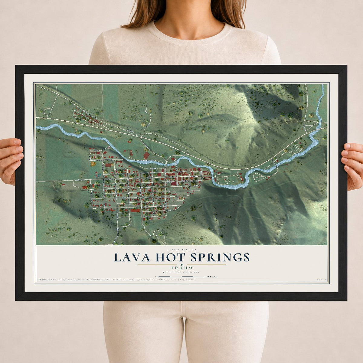 Map of Lava Hot Springs, Idaho, 18 x 24 inch print in a black wood frame