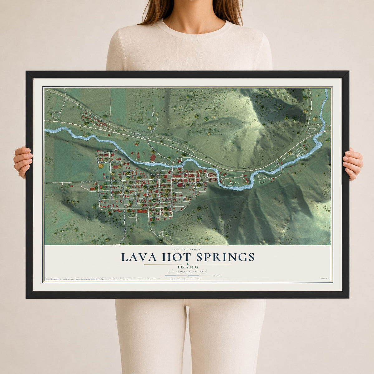 Map of Lava Hot Springs, Idaho, 24 x 36 inch print in a black wood frame