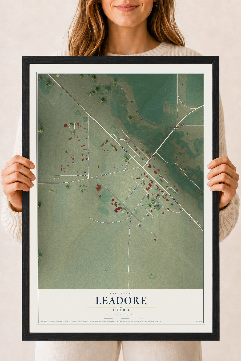 Map of Leadore, Idaho, 18 x 24 inch print in a black wood frame