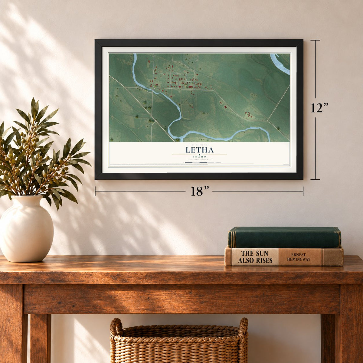 Letha, Idaho map, 12 x 18 inch print in a black frame in an entryway