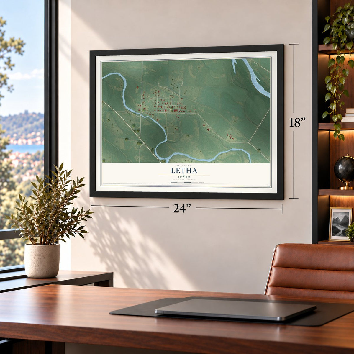 Letha, Idaho map, 18 x 24 inch print in a black frame in a home office