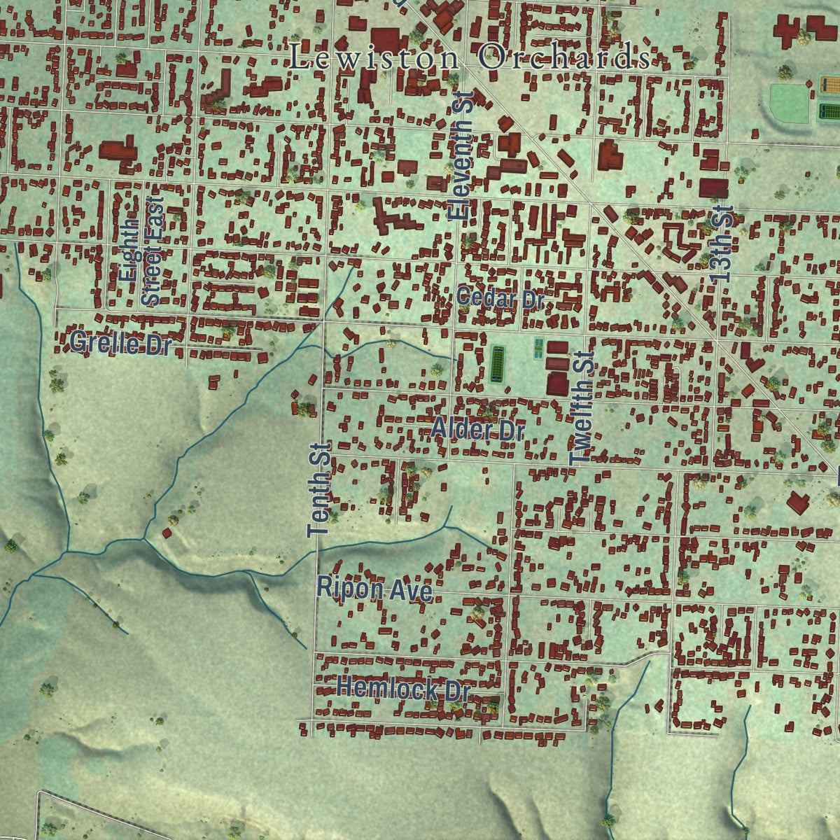 Close-up of the map of Lewiston, Idaho print showing street and building detail