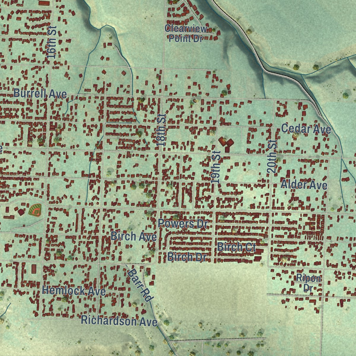 Second close-up of the map of Lewiston, Idaho print showing more streets and buildings