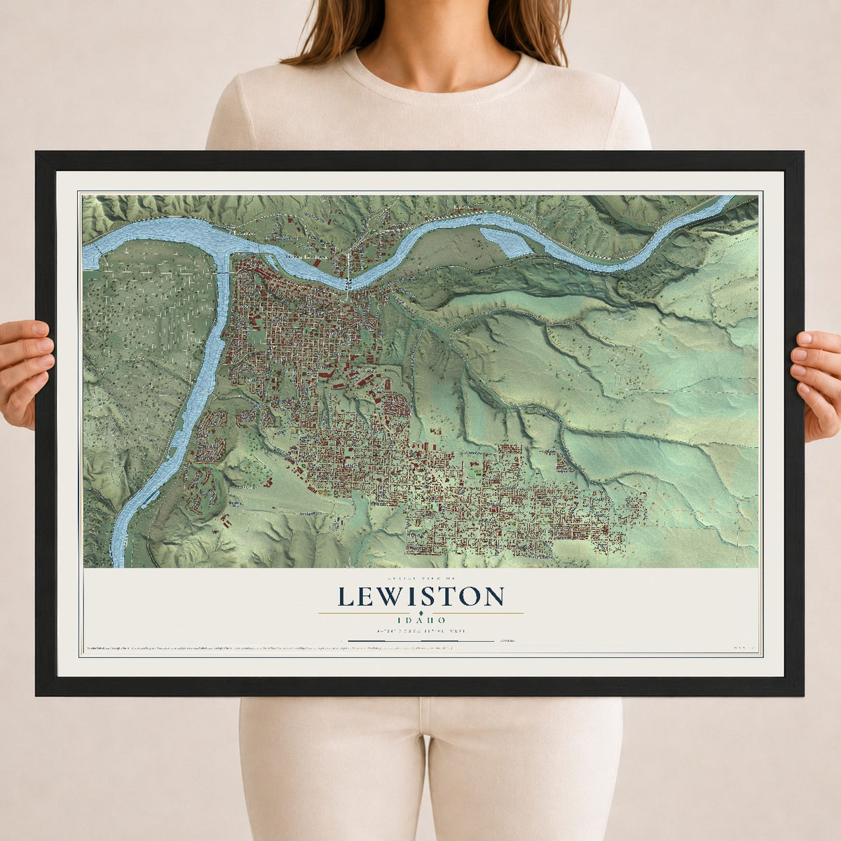 Map of Lewiston, Idaho, 18 x 24 inch print in a black wood frame