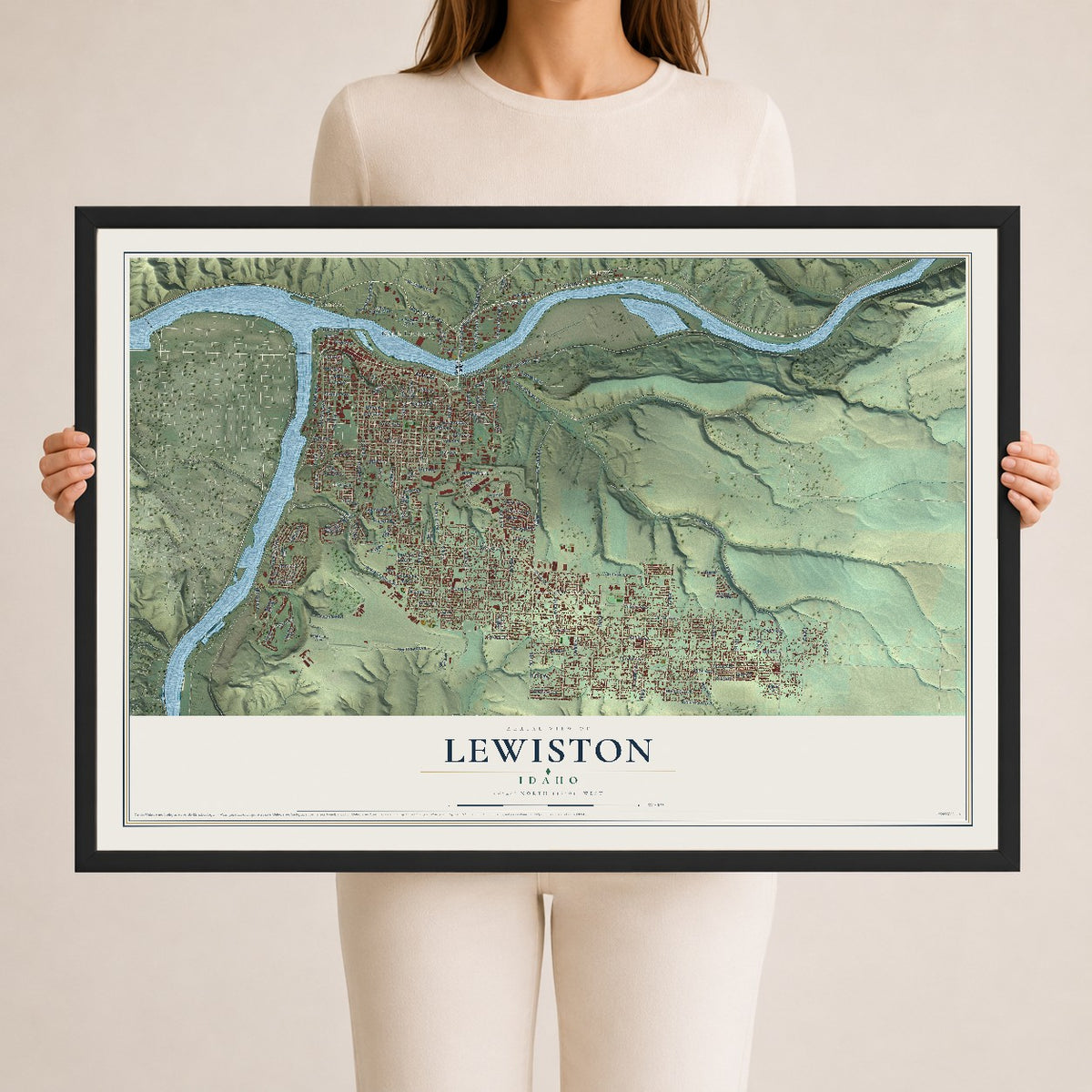 Map of Lewiston, Idaho, 24 x 36 inch print in a black wood frame